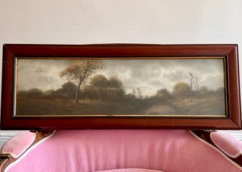 (Art-7) FRAMED ANTIQUE PASTORAL PASTEL PAINTED LANDSCAPE WITH DIRT ROAD - 31' BY 11'