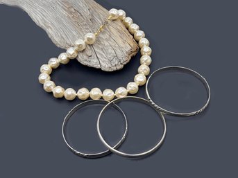 (J-16) VINTAGE MIRIAM HASKELL SIMULATED PEARL NECKLACE & THREE STERLING SILVER BANGLE  BRACELETS