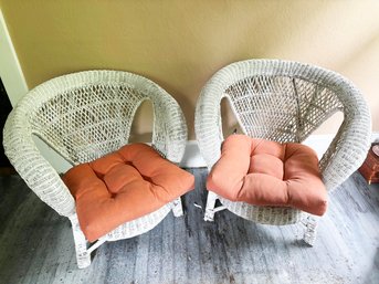 (KX) VINTAGE PAIR OF WHITE WICKER CHAIRS WITH PADS-30' X 30' X 32'-LOCAL PICK UP ONLY