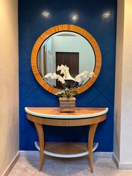 VINTAGE ZEBRA WOOD DEMI-LUNE CONSOLE TABLE WITH CURVED LEGS & MATCHING ROUND MIRROR - ATTACHED ENTRY TABLE
