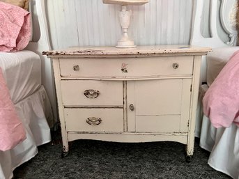 (UUU) PRIM ANTIQUE CHEST OF DRAWERS PAINTED WHITE WITH FADED STENCIL - 36' BY 21' BY 28'