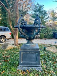 HUGE ESTATE CENTERPIECE-HEAVY VINTAGE BLACK CAST IRON PLANTER -URN WITH HANDLES -INCREDIBLE! 2 PIECE- 68' TALL
