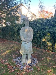 LIFE SIZE CHINESE CARVED TERRACOTTA ARMY SOLDIER STATUE - JADE? STONE? - PURCHASED IN CHINA -76' TALL BY 24'W