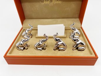 (B-35) SAINT HILAIRE 6 SILVER PLATED ELEPHANT CARD HOLDERS IN ORIG BOX AND CARDS
