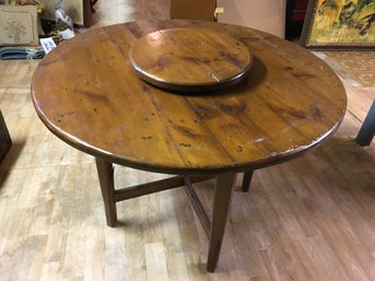 VINTAGE SOLID WOOD RUSTIC DINING TABLE WITH BUILT IN LAZY SUSAN - 43' ROUND BY 30' HIGH