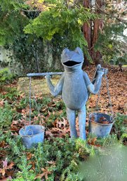 (DW) SMILING METAL FROG SCULPTURE HOLDING TWO WATER PAILS - 24' TALL BY 23' WIDE