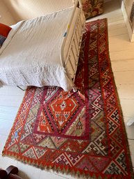 (UUU) VINTAGE, WELL LOVED KILIM AREA RUG SHOWING WEAR BUT BRIGHT COLORS - SEE PICS - 64' BY 16'