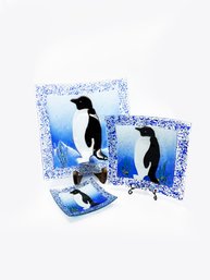 (B-40) LOT OF 3 FROSTED GLASS PENGUIN PLATES-APPROX. 12', 9' AND 6'-NO EASEL-BLUE, WHITE AND BLACK