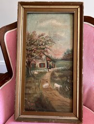 (Art-11) FRAMED ANTIQUE PASTORAL OIL PAINTING WITH SHEEP LANDSCAPE  - 21' BY 12'