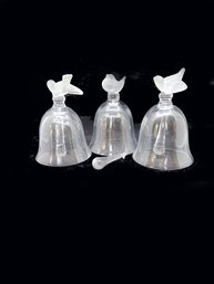 (B-44) LOT OF 3 SIGNED LALIQUE DINNER BELLS WITH FROSTED BIRDS ON TOP-APPROX. 5 1/2'-1 NEEDS SMALL REPAIR