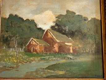 (Art-12B) ANTIQUE TRANQUIL LANDSCAPE OIL PAINTING WITH BARNS SIGNED STEVENS - 23' BY 20'