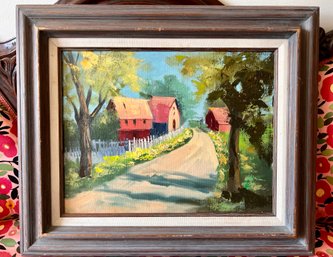 (Art-18) VINTAGE LOVELY COUNTRY ROAD OIL PAINTING WITH BARNS 'FAY LUDWIG' WRITTEN ON BACK FRAME - 21' BY 26'