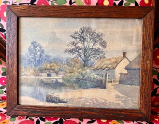 (Art-19) ANTIQUE LANDSCAPE WATERCOLOR ON PAPER IN ARTS & CRAFTS FRAME - 13' BY 17'