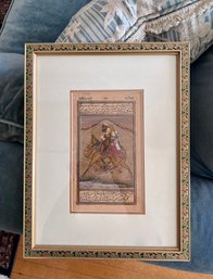 (B) ANTIQUE HAND PAINTED PERSIAN BATTLE SCENE ON FABRIC FRAMED IN FLOWER PAINTED WOOD FRAME- 14' BY 11'