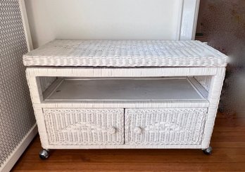 (B-16) VINTAGE WHITE RATTAN TWO DOOR CABINET - 35' BY 17' BY 22'