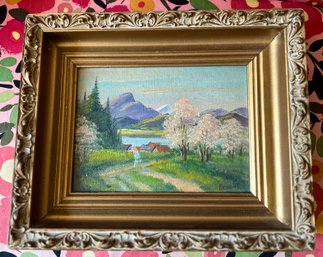 (Art-4) SWEET SMALL VINTAGE FRAMED EUROPEAN LANDSCAPE  OIL PAINTING ON CANVAS IN GOLD FRAME 'RENAULT- 11' BY 9