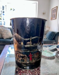 (B) VINTAGE CHINOISERIE HAND PAINTED METAL TRASH PAIL WITH JAPANESE MAPLE & COW/FARM SCENE -  20'