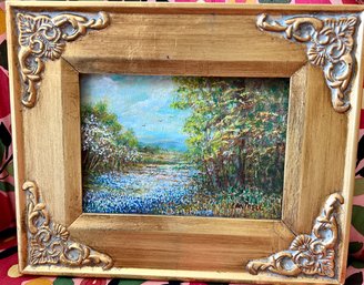 (Art-3) SWEET SMALL VINTAGE FRAMED PHILLIP CANTRELL LANDSCAPE OIL PAINTING WITH IRISES (1922)- 11' BY 9