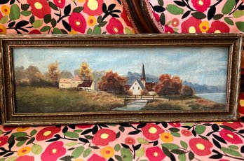 (Art-2) VINTAGE LANDSCAPE OIL PAINTING WITH BROOK & BRIDGE- 21' BY 8