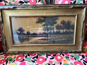 (Art-1) VINTAGE LANDSCAPE PLEIN AIR OIL PAINTING WITH FLOWERS & STREAM- 20' BY 12'