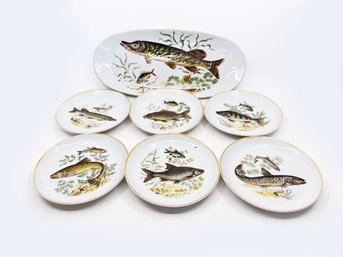 (23) 'NAAMAN' ISRAEL FISH SET - PLATES- 1-13' PLATTER-W/6 DISHES-SMALL CHIPS SEE PHOTOS