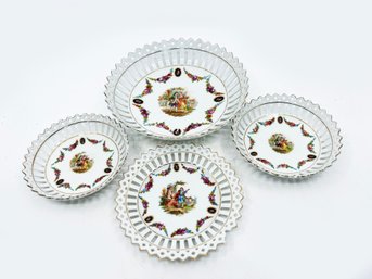 (24) MATCHING SET OF FOUR ANTIQUE GERMAN DISHES WITH PIERCED & SCALLOPED EDGES -SEE SMALL CHIPS - SEE PICS