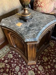(DEN) PAIR OF MARBLE TOP WOOD END TABLES WITH STORAGE - 30' SQ.