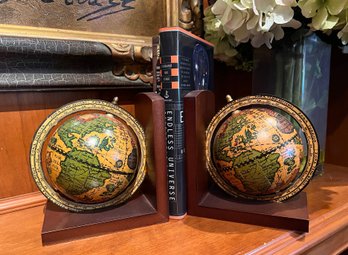 (U) PAIR VINTAGE GLOBE BOOKENDS - WOOD - MADE IN ITALY - 8'