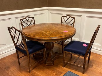 (BASE) BEAUTIFUL ROUND INLAID WOOD GAME TABLE WITH FOUR CHAIRS- 48' ROUND -EAST END INTER.-LOCATED IN BASEMENT