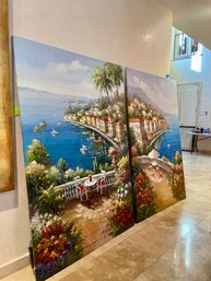 TWO HUGE MATCHING EUROPEAN SEASCAPE OIL PAINTINGS ON CANVAS - ITALY? GORGEOUS! COLORFUL, SIGNED - 48' By 72'