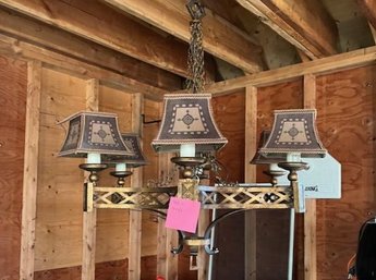 (GAR) VINTAGE SIX ARM HANGING LIGHT FIXTURE WITH SHADES - GOLD BRUSHED METAL - 40' WIDE & HIGH