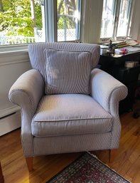 (A-7) CRATE & BARREL BLUE & WHITE PINSTRIPE ARMCHAIR - SEE STAIN ON BACK - 34' BY 33' BY 35' HIGH