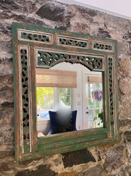 (A-8) VINTAGE GREEN PAINTED CARVED WOOD MOROCCAN STYLE WALL MIRROR - 41' BY 40'