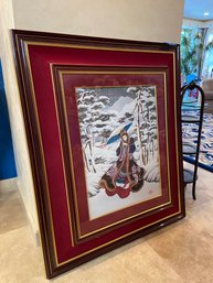 (A-57) CAROLINE YOUNG FRAMED PRINT - GEISHA WITH UMBRELLA IN THE SNOW - RED LACQUER FRAME - 39' BY 46'