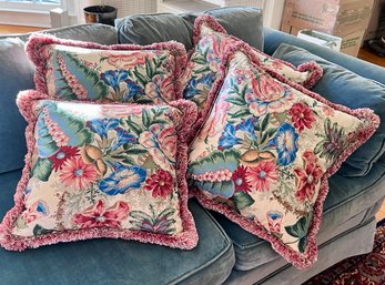 (B) COLLECTION OF FOUR CUSTOM UPHOLSTERED FLORAL PILLOWS - 14'