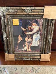(DR) FRAMED ART PRINT OF GIRL READING TO HER DOG - HEAVY GOLD TONE WOOD FRAME - 31' BY 27'