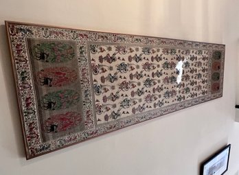 (H-8) ANTIQUE INDIAN EMBROIDERED TEXTILE WALL HANGING WITH FIGURES & LOTUS FLOWER - FRAMED 70' BY 22'
