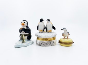 (UB-2) LOT OF 3 LIMOGE PENGUIN THEMED TRINKET BOXES-APPROX.2'-3'