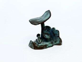 (43) ANTIQUE SINGLE MCCLELLAND BARCLAY BRONZE BOOKEND -MUSHROOM & FROG - 4' T