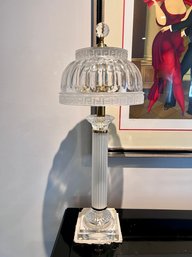 (B) CRYSTAL PILLAR TABLETOP LAMP WITH FROSTED 'GREEK KEY' DESIGN & CRYSTAL DOME SHADE - 25' HIGH BY 10' WIDE
