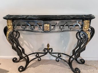 (LR) MAITLAND SMITH IRON BASE DEMILUNE CONSOLE TABLE WITH MARBLE TOP & ORMOLU ACANTHUS LEAF DECORATION -49' BY