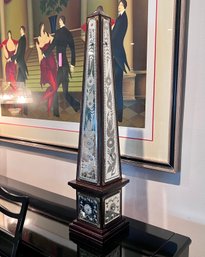 (LR) VINTAGE MAITLAND SMITH LEATHER & FLORAL ETCHED MIRROR OBELISK -A BEAUTY -  6' BY 6' BY 29'