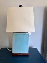 (UA-8) PAIR OF RALPH LAUREN LIGHT BLUE CERAMIC TABLE LAMPS WITH WHITE SHADES - 9' BY 17'