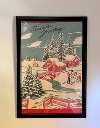 (UC-4) FRAMED 'SEASON'S GREETINGS' WINTER SCENE POSTER BY CAVALINNI PAPERS & CO. -ITALIAN PAPER - 32' BY 22'