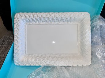 (LR) TIFFANY & CO. LARGE PORCELAIN PLATTER WITH BASKETWEAVE PATTERN EDGE, ITALY, WITH BOX - 18' BY 13'
