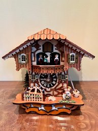 (O-1) WHIMSICAL CARVED WOOD CUCKOO CLOCK WITHOUT IT'S PENDULUM - BATTERY OPERATED - SHELF SITTER -13' BY 10'
