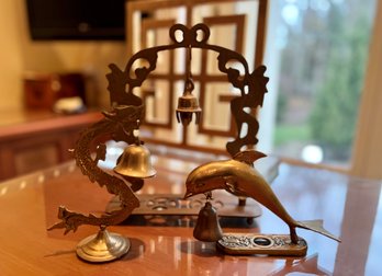 (O-3) LOT OF THREE VINTAGE BRASS BELL PIECES - DRAGONS ARCH & DOLPHIN - 5'-10'
