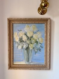 (HALL-1) VINTAGE FLORALS IN A VASE AGAINST BLUE WALL OIL PAINTING SIGNED 'C. ROWAN' - 18' By 22'