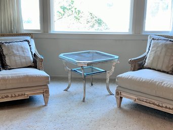 (LR) VINTAGE  TWO TIER GOLD TONE METAL BASE COFFEE TABLE - OCTAGONAL WITH GLASS TOP - 30' BY 30' BY 24'