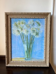 (HALL-1) 2ND VINTAGE FLORALS IN A VASE AGAINST BLUE WALL OIL PAINTING SIGNED 'C. ROWAN' - 18' By 22'